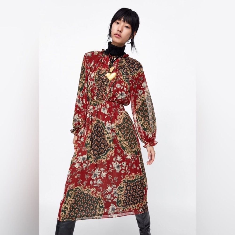 Zara NWT Red Gold Green Paisley Print Metallic Thread Midi Dress Women’s XS